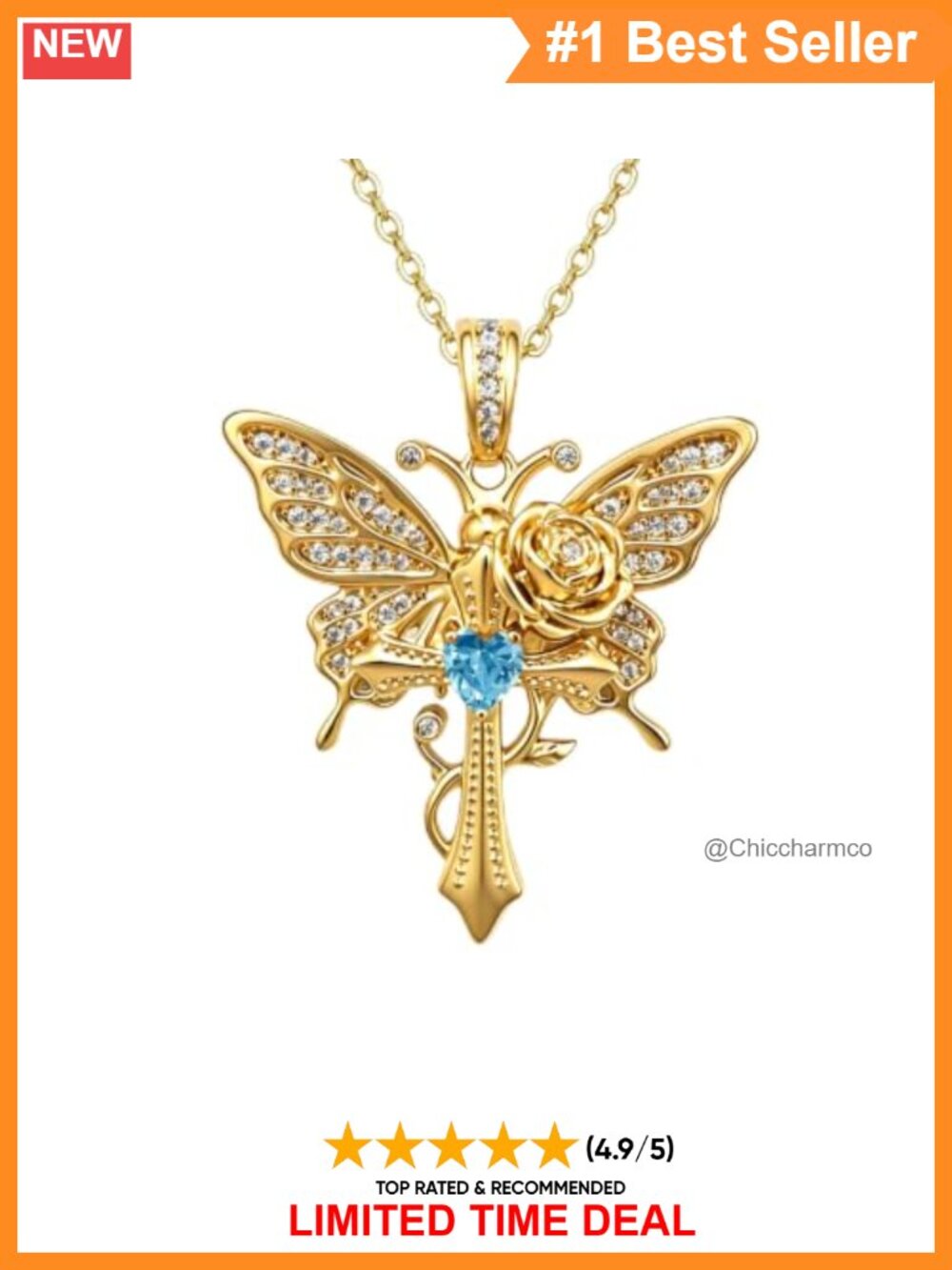 14K Gold Plated Cross Pendant Necklace with Heart CZ Butterfly Rose